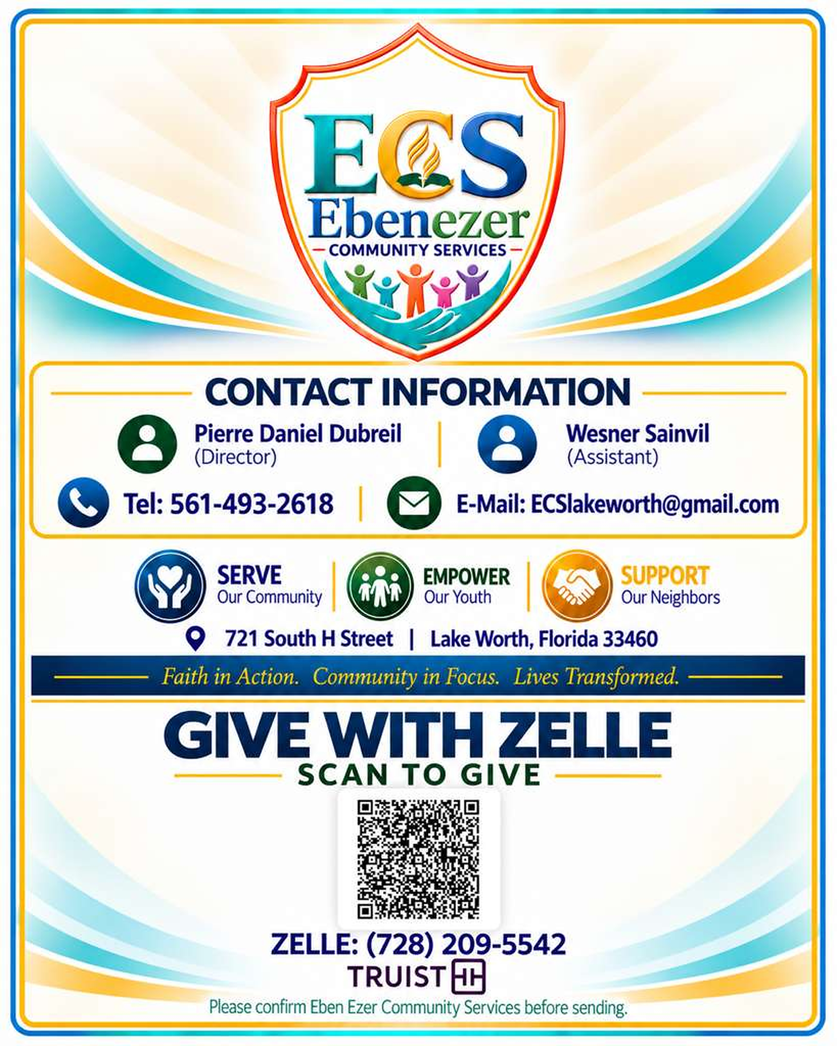Ebenezer Community Services contact information and Zelle giving flyer